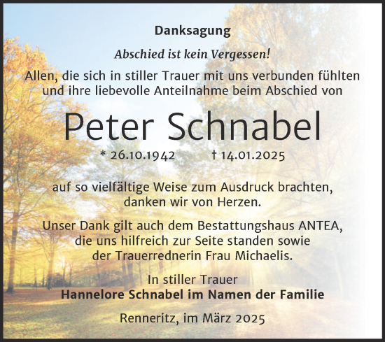 Traueranzeige von Peter Schnabel von Trauerkombi Bitterfeld