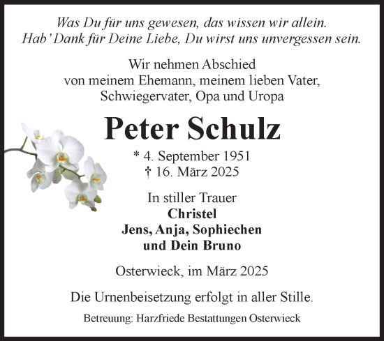 Traueranzeige von Peter Schulz von Volksstimme Halberstadt