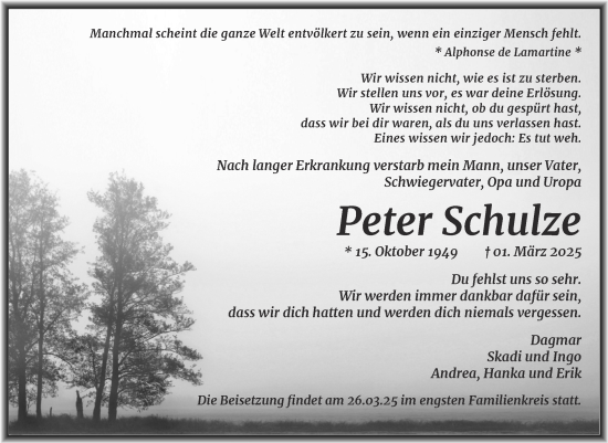 Traueranzeige von Peter Schulze von Super Sonntag Merseburg/Querfurt