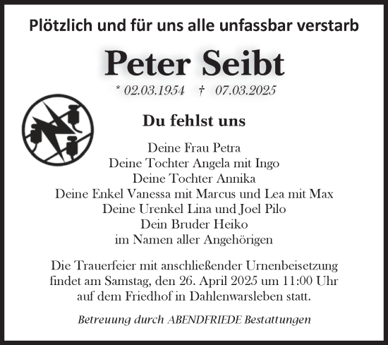 Traueranzeige von Peter Seibt von Volksstimme Haldensleben/Wolmirstedt