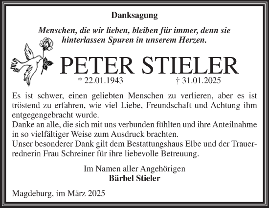 Traueranzeige von Peter Stieler von Volksstimme Magdeburg