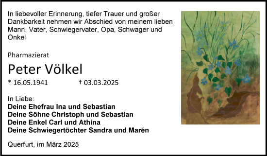 Traueranzeige von Peter Völkel von Trauerkombi Merseburg