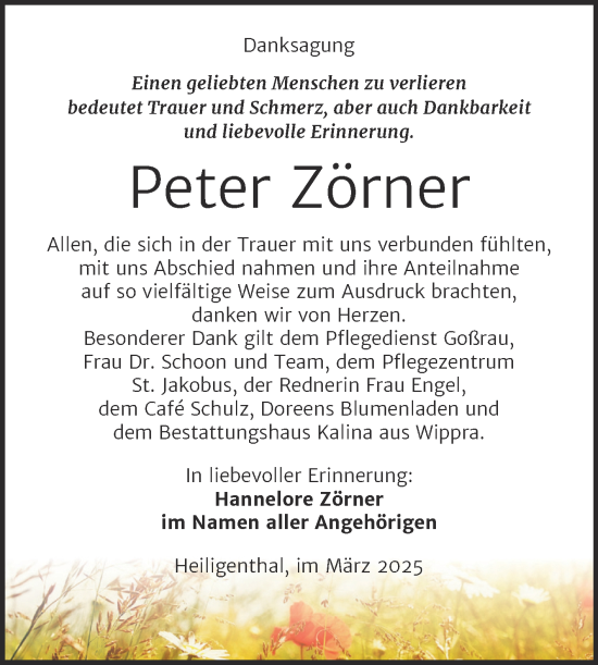 Traueranzeige von Peter Zörner von Trauerkombi Mansfelder Land