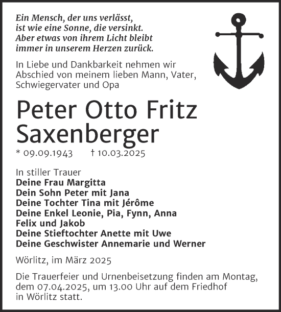 Traueranzeige von Peter Otto Fritz Saxenberger von Trauerkombi Wittenberg
