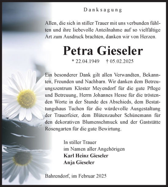Traueranzeige von Petra Gieseler von Volksstimme Oschersleben/Wanzleben