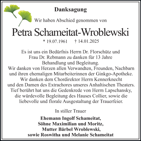 Traueranzeige von Petra Schameitat-Wroblewski von Trauerkombi Dessau