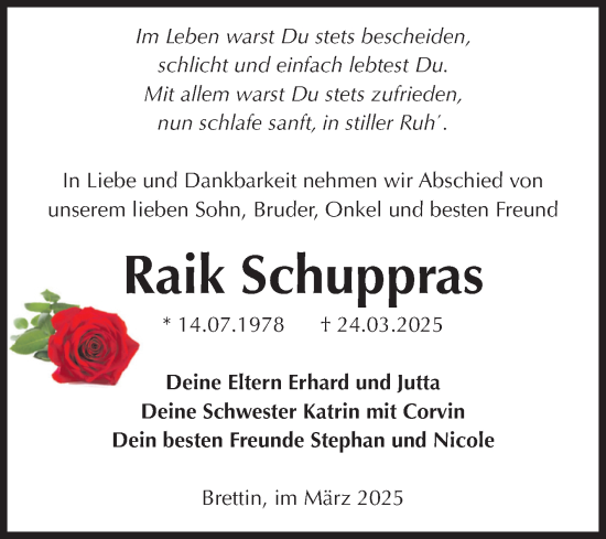 Traueranzeige von Raik Schuppras von Volksstimme Burg/Genthin