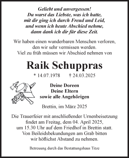 Traueranzeige von Raik Schuppras von Volksstimme Burg/Genthin