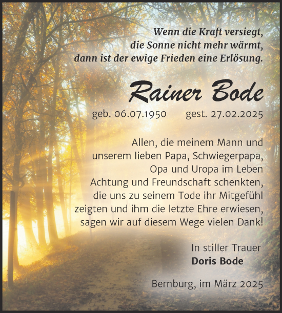 Traueranzeige von Rainer Bode von Trauerkombi Bernburg