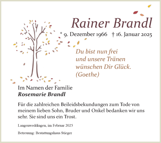 Traueranzeige von Rainer Brandl von Volksstimme Oschersleben/Wanzleben