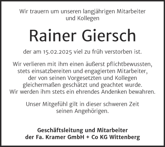 Traueranzeige von Rainer Giersch 
