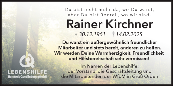 Traueranzeige von Rainer Kirchner von Super Sonntag Quedlingburg