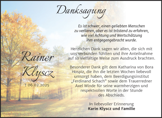 Traueranzeige von Rainer Klyscz von Trauerkombi Wittenberg