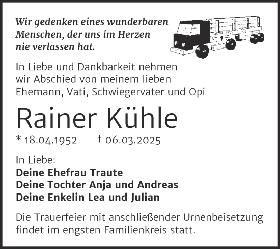 Traueranzeige von Rainer Kühle von Trauerkombi Dessau