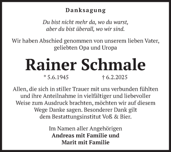 Traueranzeige von Rainer Schmale von Volksstimme Wernigerode