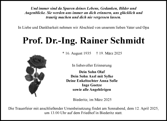 Traueranzeige von Rainer Schmidt von Volksstimme Magdeburg