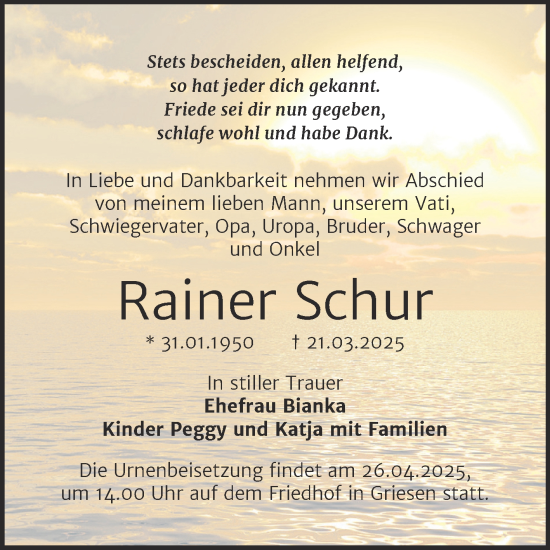 Traueranzeige von Rainer Schur von Trauerkombi Wittenberg