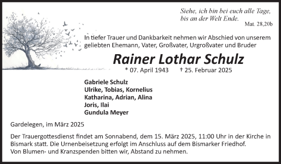 Traueranzeige von Rainer Lothar Schulz von Volksstimme Altmark West
