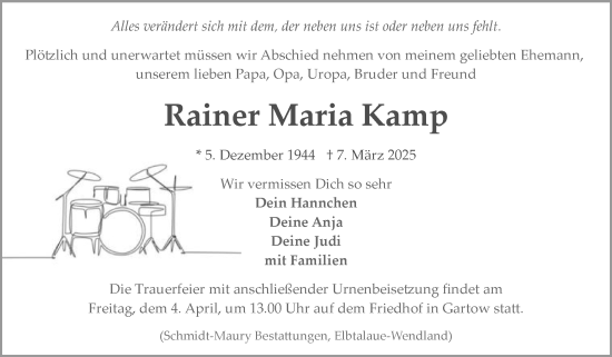 Traueranzeige von Rainer Maria Kamp von Volksstimme Altmark Ost