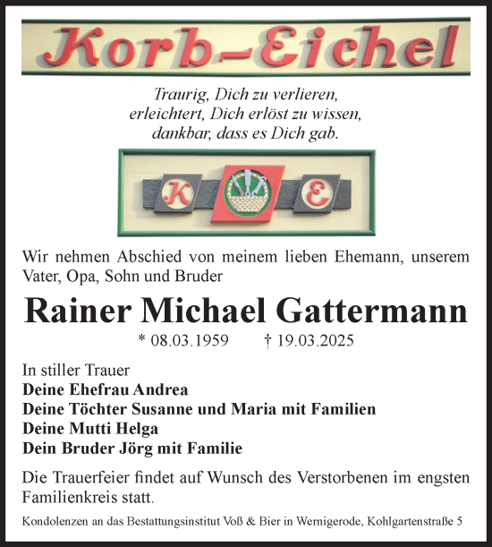 Traueranzeige von Rainer Michael Gattermann von Volksstimme Wernigerode