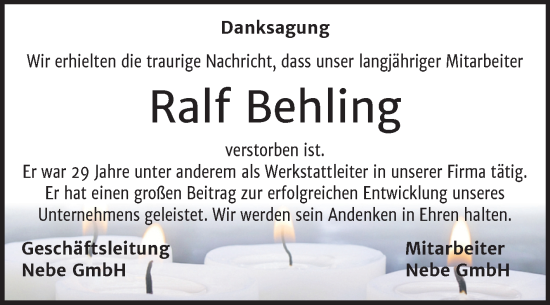 Traueranzeige von Ralf Behling von Super Sonntag Quedlingburg