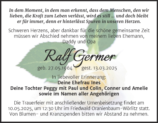 Traueranzeige von Ralf Germer von SuperSonntag Bitterfeld