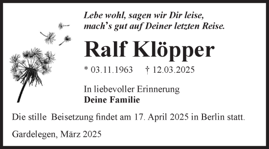Traueranzeige von Ralf Klöpper von Volksstimme Altmark West