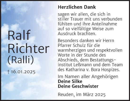 Traueranzeige von Ralf Richter von Trauerkombi Wittenberg
