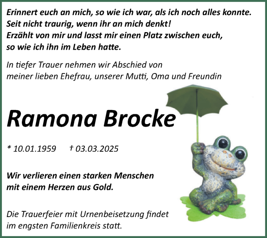 Traueranzeige von Ramona Brocke von Trauerkombi Bitterfeld