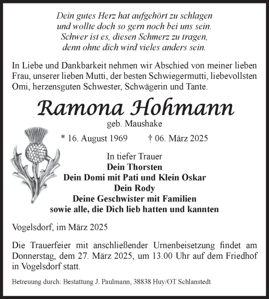 Traueranzeige von Ramona Hohmann von Volksstimme Halberstadt