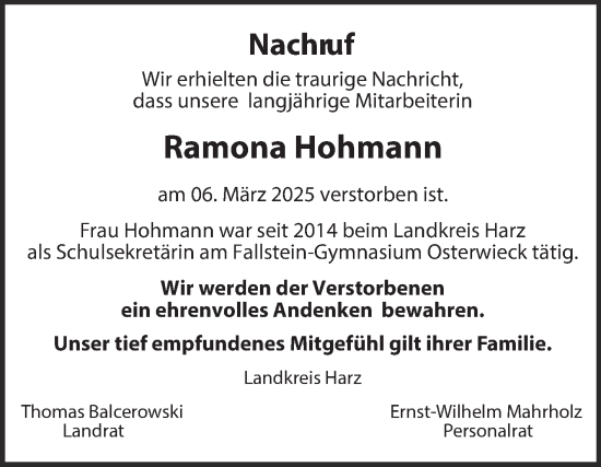 Traueranzeige von Ramona Hohmann von Volksstimme Halberstadt