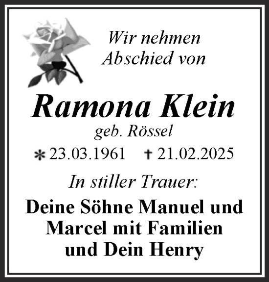 Traueranzeige von Ramona Klein von Trauerkombi Dessau
