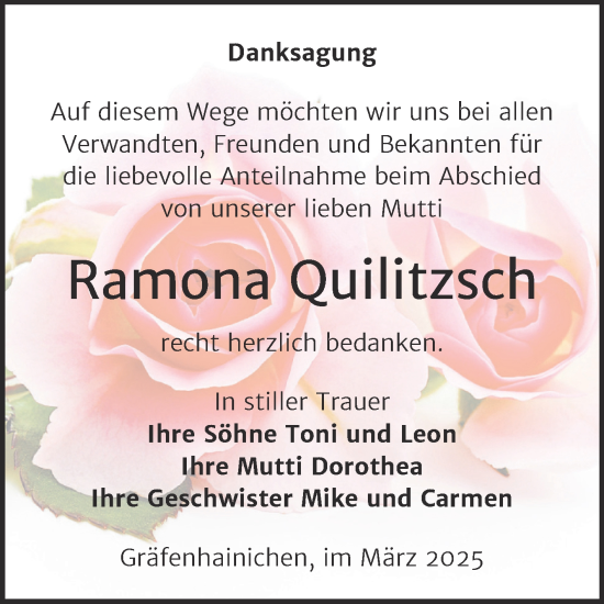 Traueranzeige von Ramona Quilitzsch von Trauerkombi Wittenberg
