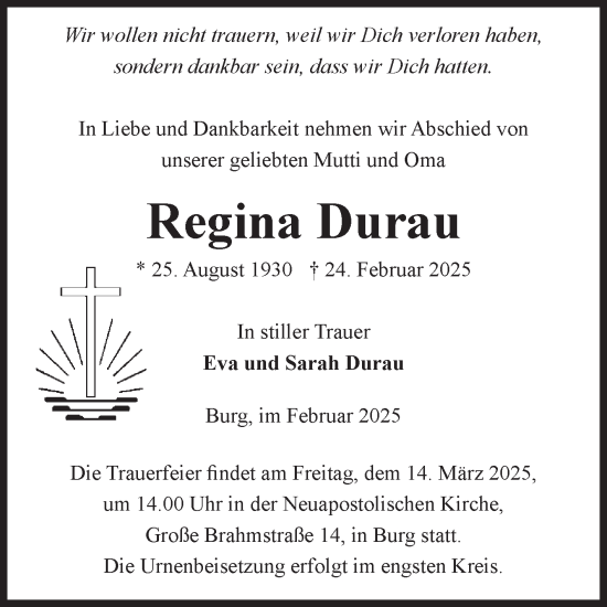 Traueranzeige von Regina Durau von Volksstimme Burg/Genthin