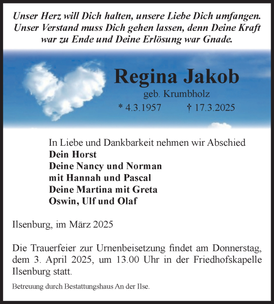 Traueranzeige von Regina Jakob von Volksstimme Wernigerode