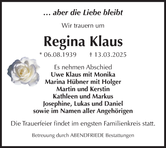 Traueranzeige von Regina Klaus von Volksstimme Magdeburg