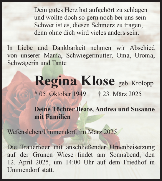 Traueranzeige von Regina Klose von Volksstimme Oschersleben/Wanzleben