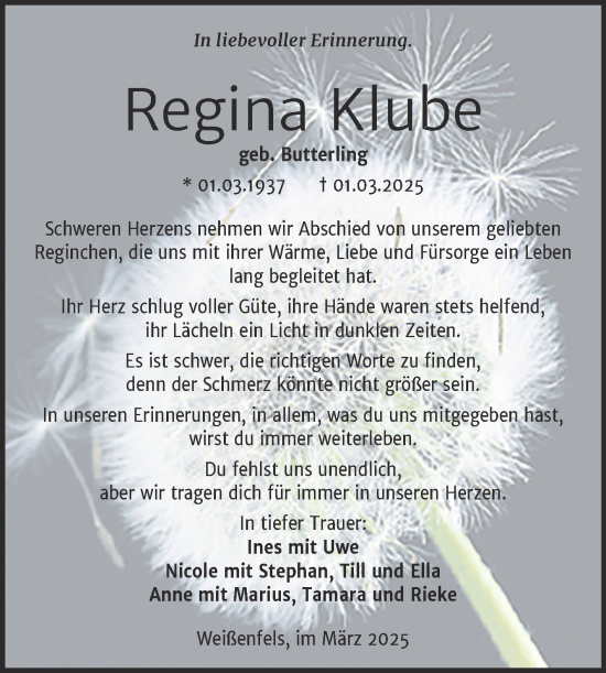 Traueranzeige von Regina Klube von Trauerkombi Weißenfels