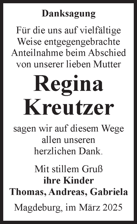 Traueranzeige von Regina Kreutzer von Volksstimme Magdeburg