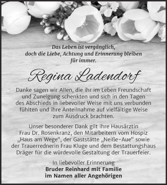 Traueranzeige von Regina Ladendorf von Super Sonntag Köthen
