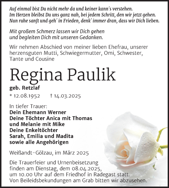 Traueranzeige von Regina Paulik von Trauerkombi Köthen