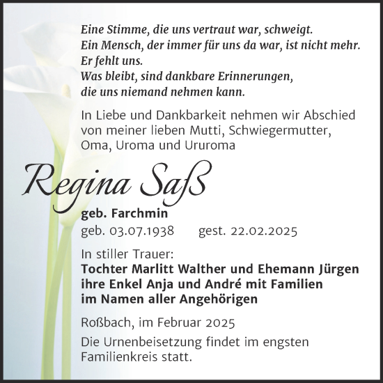 Traueranzeige von Regina Saß von Trauerkombi Merseburg
