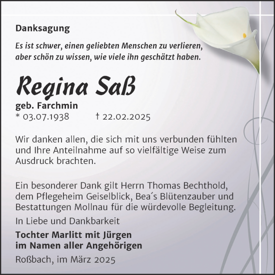 Traueranzeige von Regina Saß von Trauerkombi Merseburg