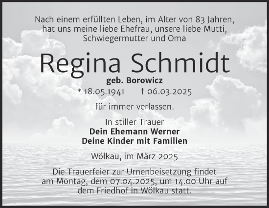 Traueranzeige von Regina Schmidt von Trauerkombi Merseburg