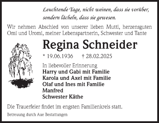 Traueranzeige von Regina Schneider von Volksstimme Magdeburg
