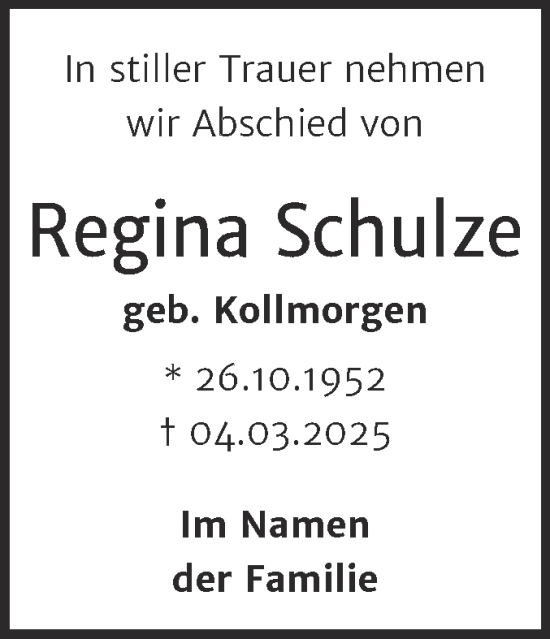 Traueranzeige von Regina Schulze von Trauerkombi Dessau