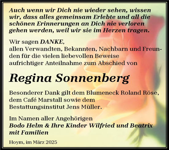 Traueranzeige von Regina Sonnenberg von Trauerkombi Aschersleben