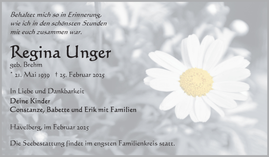 Traueranzeige von Regina Unger von Volksstimme Altmark Ost
