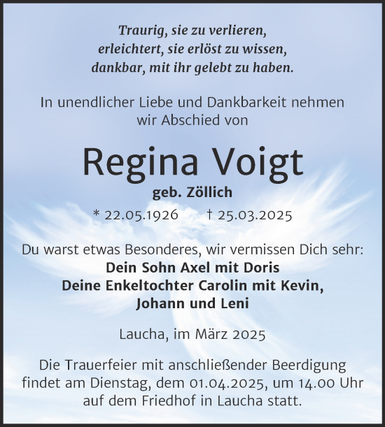 Traueranzeige von Regina Voigt von Naumburger Tageblatt