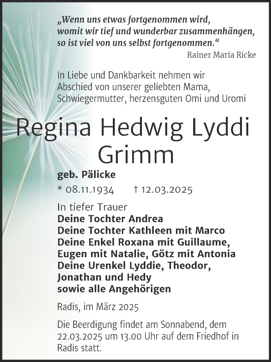 Traueranzeige von Regina Hedwig Lyddi Grimm 